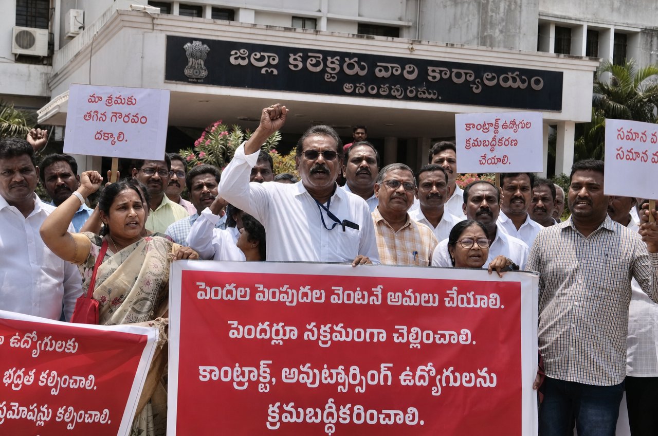 Indiase vakbondsleiders bij een regionaal overheidsgebouw in Andhra Pradesh