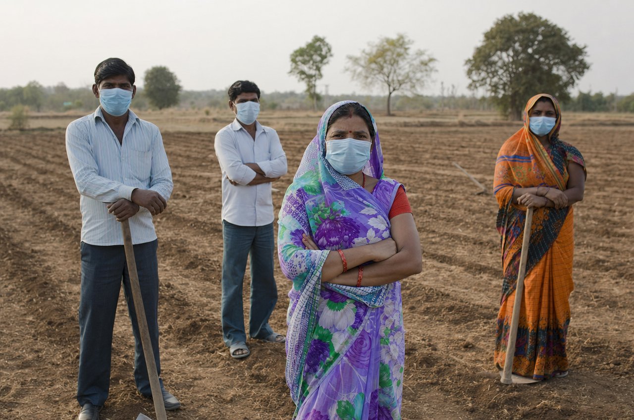 Indiase landarbeiders met mondmaskers op een zaadveld tijdens COVID-19