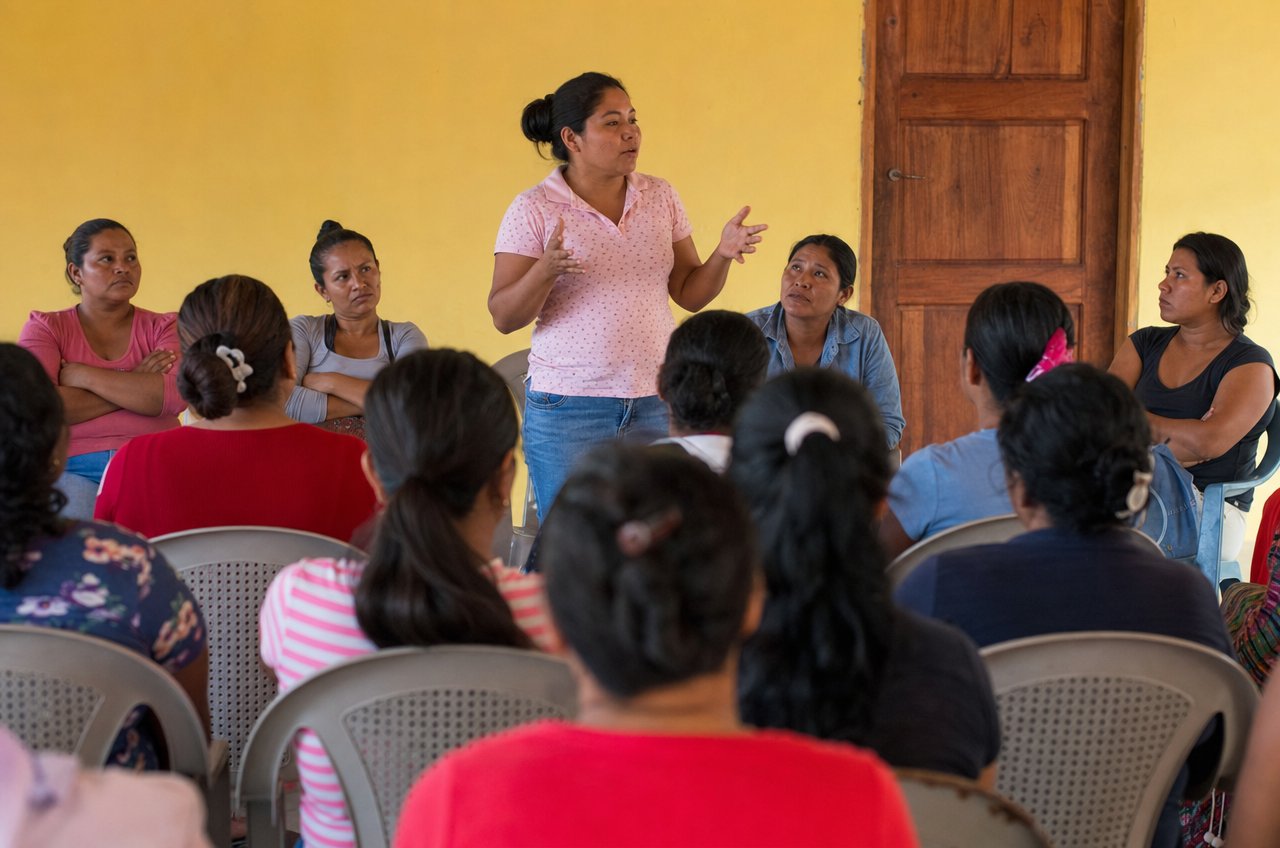 Vrouwelijke vakbondsleider spreekt medewerkers toe in Honduras