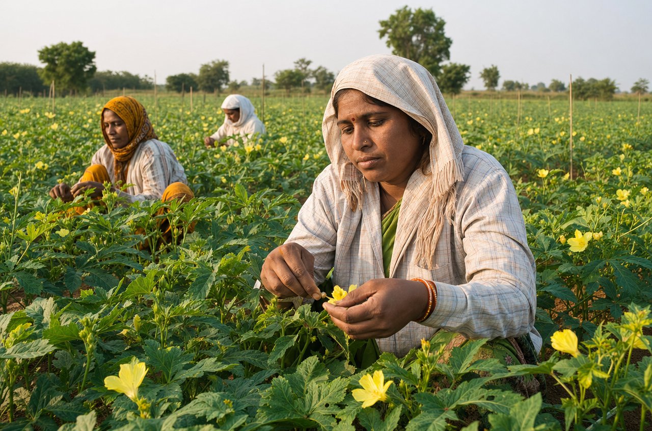 Vrouwen voeren handbestuiving uit in een zaadveld in Andhra Pradesh