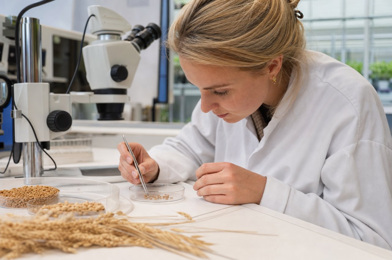 Onderzoeker bestudeert zaadmonsters in een modern laboratorium
