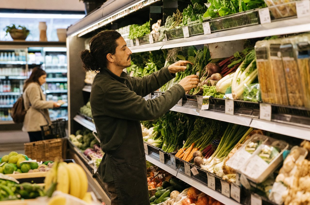 Supermarktmedewerker vult schappen in een Europese supermarkt