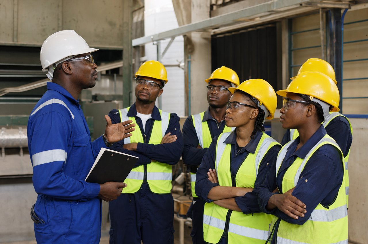 Tanzaniaanse fabrieksmedewerkers met veiligheidsuitrusting