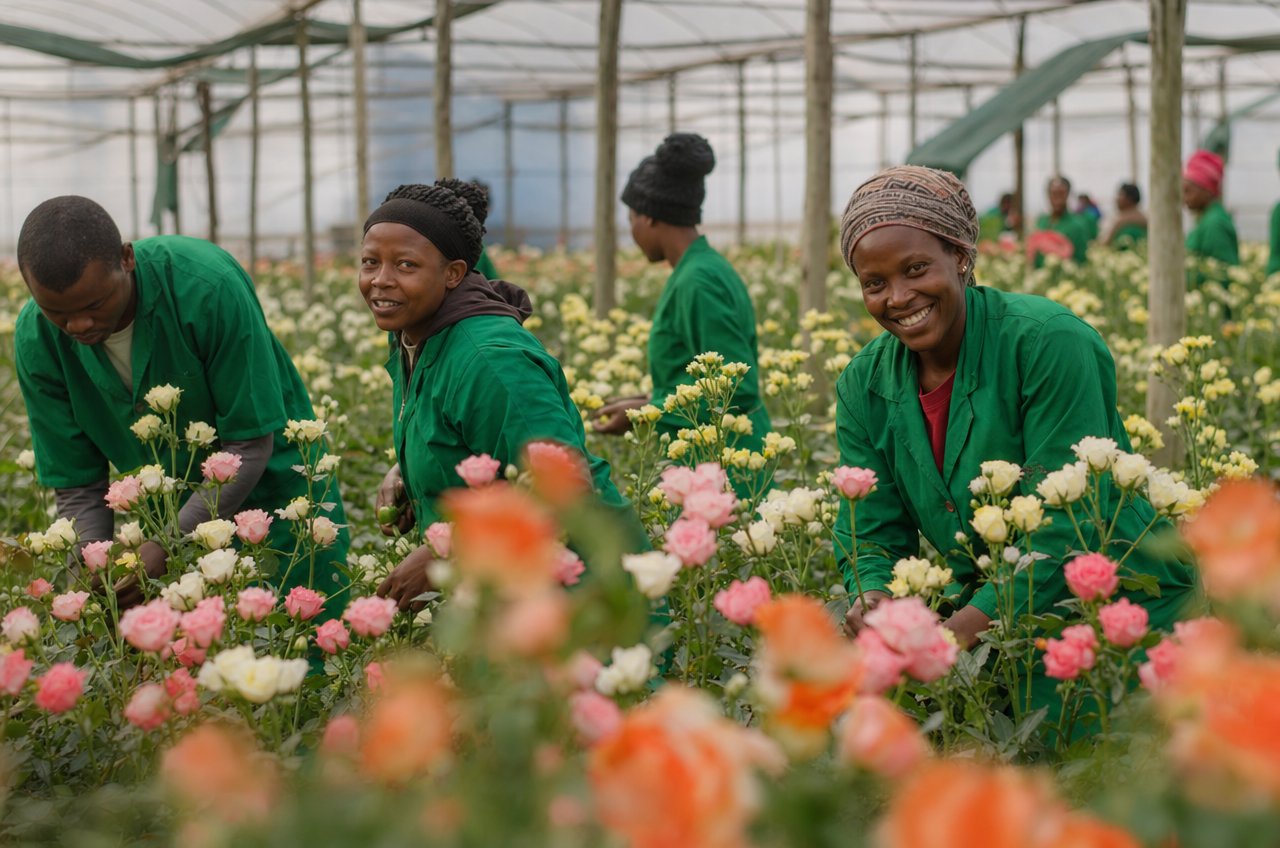 Werknemers in een bloemenkas in Tanzania