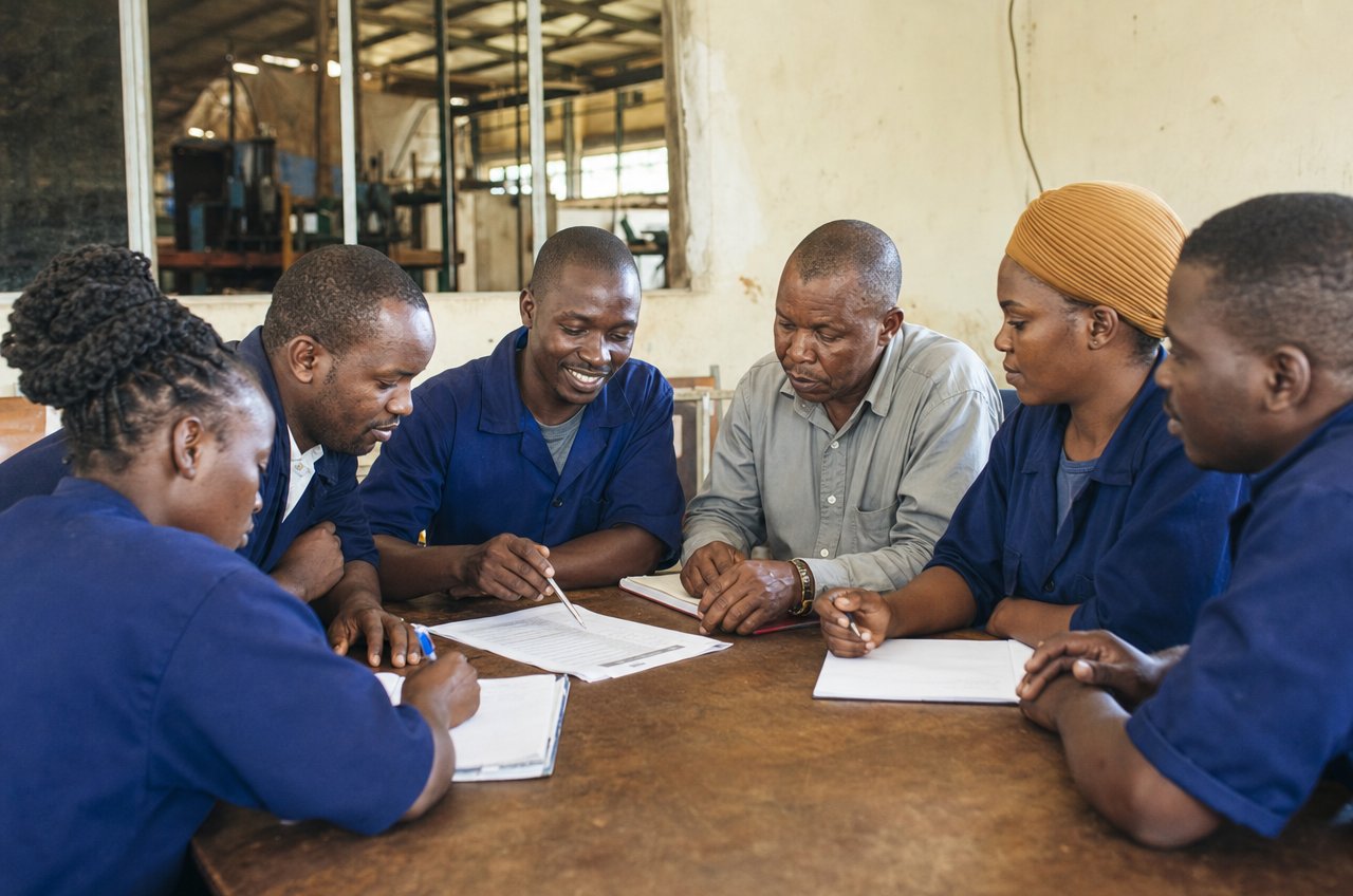 Werknemerscomité bespreekt arboveiligheid in een Tanzaniaanse fabriek