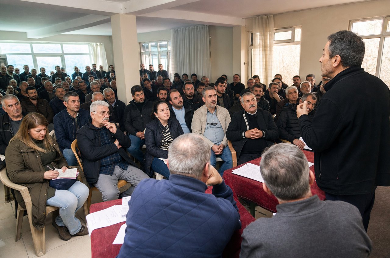 Vakbondsvergadering in Turkije met arbeiders in een gemeenschapsruimte